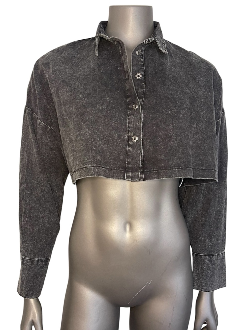 Hyfve Crop Top Women’s M Black Button Up Collared Long Sleeve Distressed Baggy